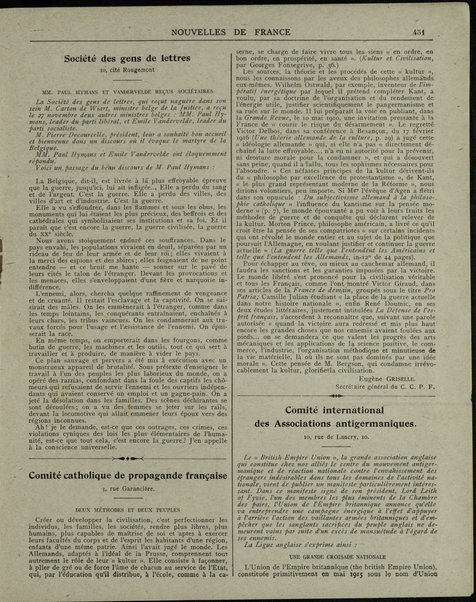 Nouvelles de France et Bulletin des Français résidant à l'étranger : chronique hebdomadaire de la presse française